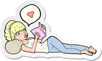 sticker of a cartoon woman loving her book png