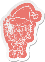 quirky cartoon distressed sticker of a woman wearing santa hat png