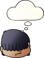 cartoon face with hair over eyes with thought bubble in smooth gradient style png