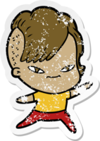 distressed sticker of a cute cartoon girl with hipster haircut png