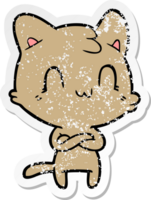 distressed sticker of a cartoon happy cat png