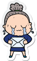 sticker of a cartoon old woman crying with letter png