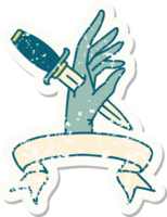 worn old sticker with banner of a dagger in the hand png