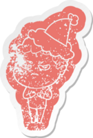 quirky cartoon distressed sticker of a angry man wearing santa hat png