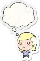 cartoon woman with thought bubble as a distressed worn sticker png