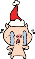 pleurs porc main tiré ligne dessin de une portant Père Noël chapeau png
