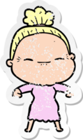 distressed sticker of a cartoon peaceful old woman png