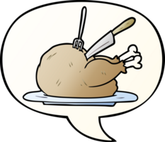 cartoon cooked turkey being carved with speech bubble in smooth gradient style png