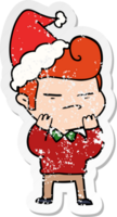 hand drawn distressed sticker cartoon of a cool guy with fashion hair cut wearing santa hat png