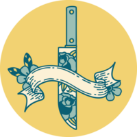 tattoo style icon with banner of a dagger and flowers png