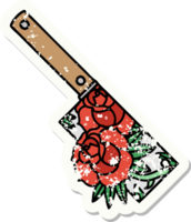 verontrust sticker tatoeëren in traditioneel stijl van een hakmes en bloemen png