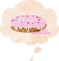 cartoon donut with thought bubble in grunge distressed retro textured style png