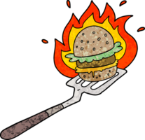 tecknad serie flammande burger på spatel png