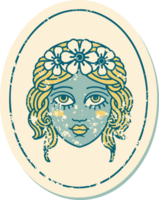 iconic distressed sticker tattoo style image of a maiden with flowers in her hair png