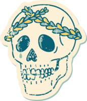 icónica pegatina angustiada imagen estilo tatuaje de una calavera con corona de corona de laurel png