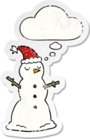 cartoon snowman with thought bubble as a distressed worn sticker png