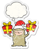 cartoon christmas bear with thought bubble as a distressed worn sticker png
