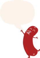 cartoon dancing sausage with speech bubble in retro style png