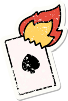 distressed sticker tattoo in traditional style of a flaming card png