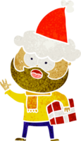 mano dibujado retro dibujos animados de un barbado hombre con presente vistiendo Papa Noel sombrero png