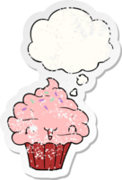 cute cartoon frosted cupcake with thought bubble as a distressed worn sticker png