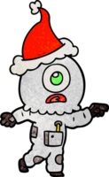 hand drawn textured cartoon of a cyclops alien spaceman pointing wearing santa hat png