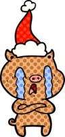 crying pig hand drawn comic book style illustration of a wearing santa hat png