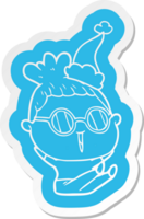 quirky cartoon  sticker of a woman wearing spectacles wearing santa hat png