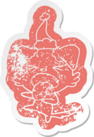 quirky cartoon distressed sticker of a disgusted dog wearing santa hat png