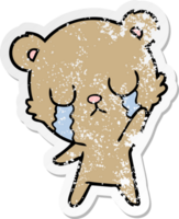 distressed sticker of a crying cartoon bear waving png