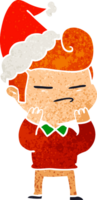 mão desenhado retro desenho animado do uma legal cara com moda cabelo cortar vestindo santa chapéu png