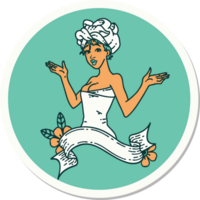 sticker of tattoo in traditional style of a pinup girl in towel with banner png