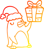 warm helling lijn tekening van een tekenfilm pinguïn met Kerstmis Cadeau png
