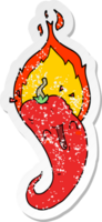distressed sticker of a cartoon flaming hot chili pepper png