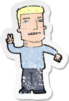 retro distressed sticker of a cartoon man giving peace sign png