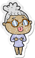 distressed sticker of a cartoon woman wearing spectacles png