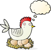 poule de dessin animé sur des oeufs avec bulle de pensée png