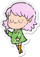 distressed sticker of a happy cartoon elf girl png