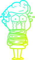 cold gradient line drawing of a cartoon crying student with stack of books png