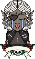 Retro Tattoo Style crying elf rogue character with natural one D20 roll png