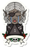 sticker of a crying elf rogue character with natural one D20 roll png