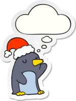 carino cartone animato Natale pinguino con pensato bolla come un' stampato etichetta png