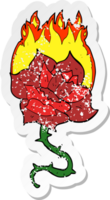 retro distressed sticker of a cartoon flaming rose tattoo png