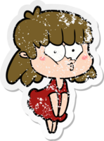 distressed sticker of a cartoon whistling girl png