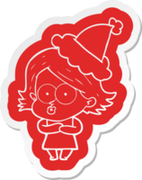 quirky cartoon  sticker of a girl pouting wearing santa hat png