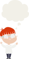 cartoon boy wearing spectacles with thought bubble in retro style png