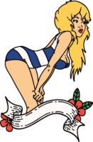 tattoo in traditional style of a pinup girl in swimming costume with banner png