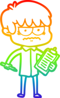 rainbow gradient line drawing of a annoyed cartoon boy png