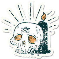worn old sticker of a tattoo style spooky skull and candle png