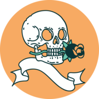 tattoo style icon with banner of a skull and rose png